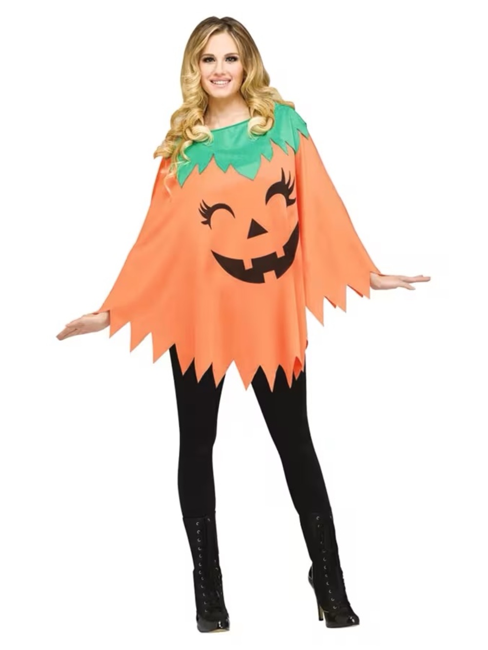 Women Orange Pumpkin Poncho Costume with Green Leaf Collar One Size